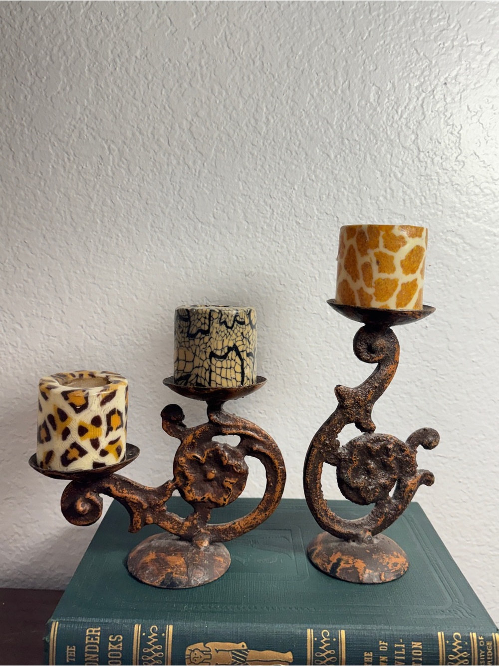Pair Rustic VintageIron Candle Holder with Animal Print Candles - Brown